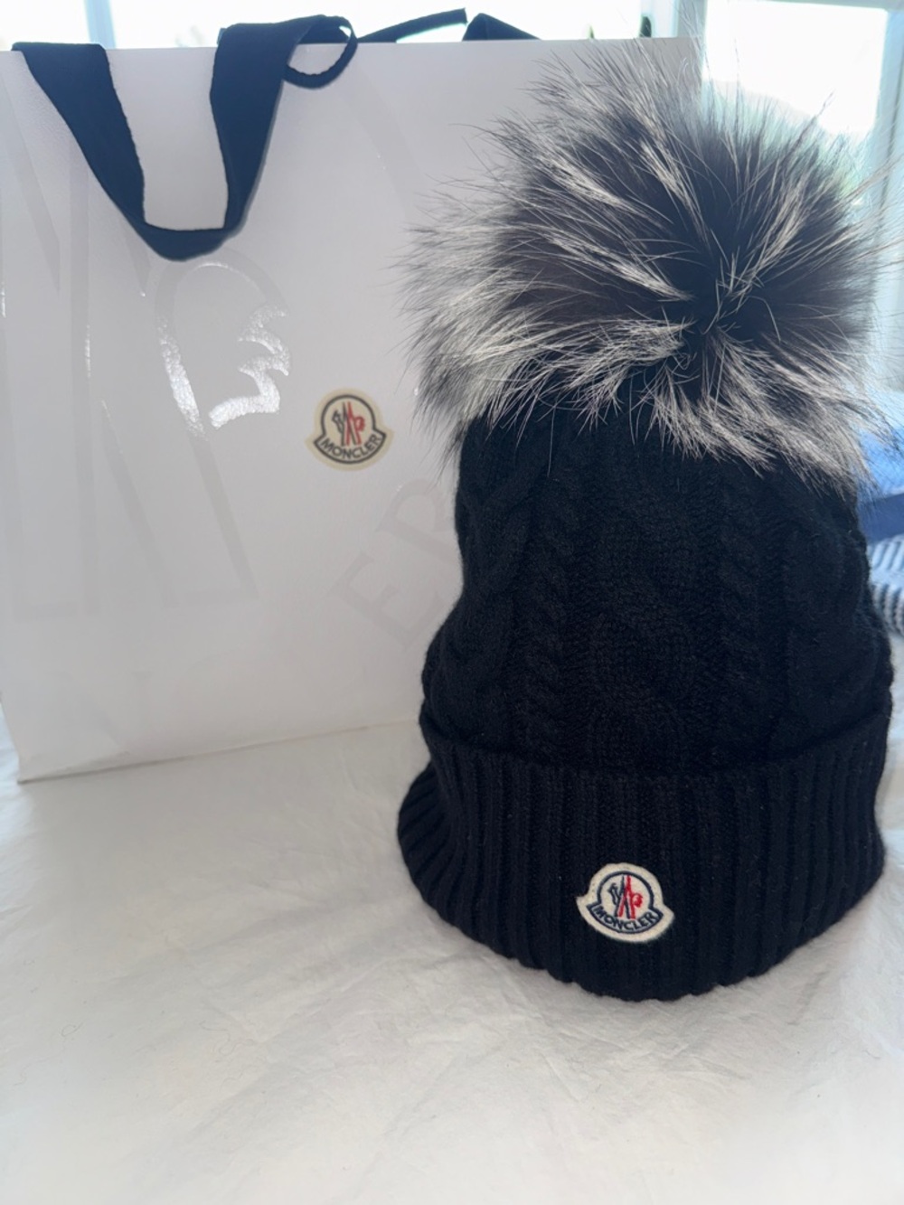 Moncler Black Knit Beanie with Grey/White Faux Fur Pom